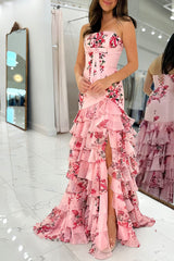 Pink Strapless Sheath Floral Chiffon Ruffles Long Formal Prom Dresses With Bow