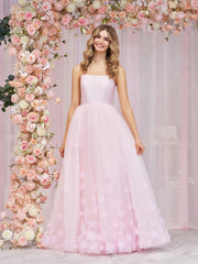 A-line Spaghetti Straps Pink Tulle Prom Dress