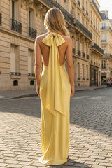 Yellow Halter Sheath Satin Backless Long Prom Dresses