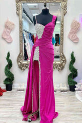 Chic Asymmertrical Fuchsia Beaded Long Porm Dress