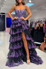 Straps Fuchsia Sequin Layered Formal Dress with Slit