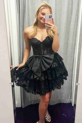 Black - Corset Sequin Appliques Short Party Dress with Bow