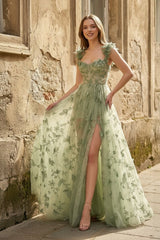 A-line Butterfly Lace Lilac Corset Prom Dress with Slit