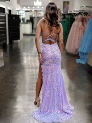 Lilac V Neck Sequin Lace Long Prom Dresses With Split