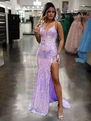 Lilac V Neck Sequin Lace Long Prom Dresses With Split