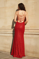Red Halter Mermaid Sequins Prom Dress With Split