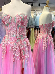 A-line Sweetheart Applique Lace Long Prom Dress with Slit