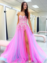 A-line Sweetheart Applique Lace Long Prom Dress with Slit
