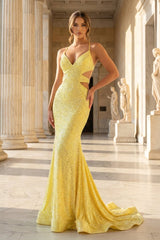 Sparkly Mermaid V Neck Yellow Sequins Long Prom Dresses