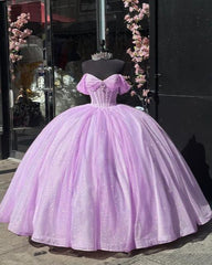 Glitter Off The Shoulder Pink Ball Gown Quinceanera Dresses