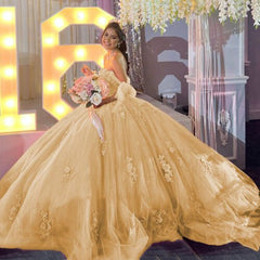 Gold Off Shoulder Tulle Quinceanera Dresses With Lace Appliques