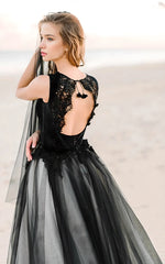 A-Line Black and White Unique Fairy Beach Lace Tulle Square Neck Floor Wedding Dress with Keyhole Back