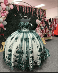 Green Ball Gown Off The Shoulder 3D Flowers Beads Applique Quinceanera Dresses