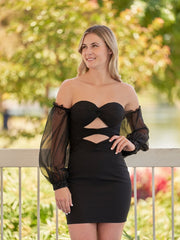 Black Off-the-Shoulder Keyhole Short Homecoming Dress with Balloon Sleeves