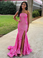 Mermaid Hot Pink Sequins Strapless Prom Dresses with Slit