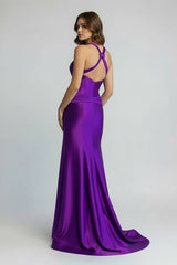 Green Satin Mermaid Slit Prom Dress with Criss Cross Neck