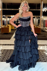 Black - A Line Strapless Chiffon Beaded Corset Long Prom Dress With Slit