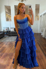 Royal Blue - A Line Strapless Chiffon Beaded Corset Long Prom Dress With Slit