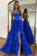 Royal Blue - A Line Strapless Chiffon Beaded Corset Long Prom Dress With Slit