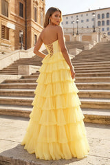 Yellow - A Line Strapless Chiffon Beaded Corset Long Prom Dress With Slit