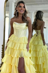 Yellow - A Line Strapless Chiffon Beaded Corset Long Prom Dress With Slit