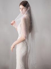 Hip Length Ivory Tulle Wedding Veils with Pearl Drop Veil