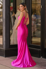 Hot Pink Satin Simple Mermaid Prom Dress