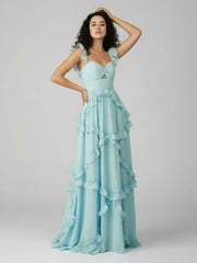A-Line Straps Sky Blue Chiffon Ruffles Long Prom Dress