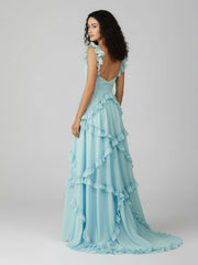 A-Line Straps Sky Blue Chiffon Ruffles Long Prom Dress