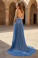 A-Line Halter Backless Pleated Blue Chiffon Long Prom Dresses