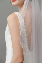 Vintage Pearls Ivory With Beaded Scalloped Bridal Veil Wedding Veil