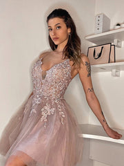 A Line Applique BlushTulle Short Homecoming Dress