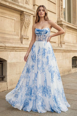A-Line Strapless Blue Floral Print Long Prom Dresses