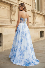 A-Line Strapless Blue Floral Print Long Prom Dresses
