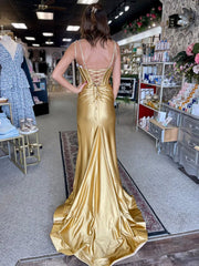 Fuchsia Mermaid V Neck Satin Long Prom Dresses with Beading