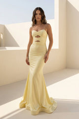 Yellow Strapless Mermaid Satin Long Prom Dresses With Cutout