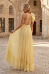 Light Yellow A-line One Shoulder Lace-Up Pleated Ruffle High-Low Prom Dress