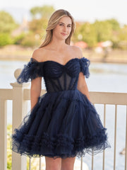 A Line Sweetheart Puff Sleeves Short Homecoming Dress With Ruffles
