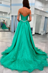 Ball Gown Strapless Green Tulle Beaded Long Prom Dresses with Slit
