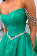 Ball Gown Strapless Green Tulle Beaded Long Prom Dresses with Slit