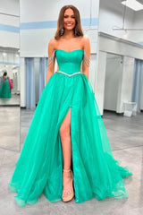 Ball Gown Strapless Green Tulle Beaded Long Prom Dresses with Slit