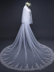 Ivory Tulle Lace Cathedral Veils with Blusher Drop Veil
