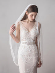 Ivory Tulle Wedding Veils One Layer Bridal Veil with Lace Hem