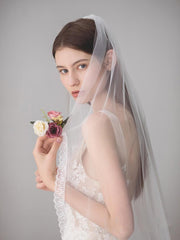 Ivory Tulle Wedding Veils One Layer Bridal Veil with Lace Hem