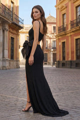 Gorgeous Mermaid Scoop Neck Black Beaded Prom Dresses with Slit