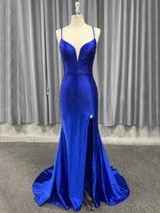 Mermaid V Neck Beaded Satin Prom Dress with Slit