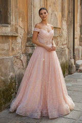Sparkly Blush Pink Off-the-Shoulder Surplice Long Prom Dress