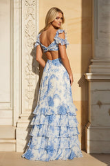 V Neck A-line Floral Printed Chiffon Slit Prom Dress