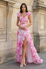 V Neck A-line Floral Printed Chiffon Slit Prom Dress