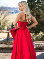 Trendy Red Strapless A-Line Satin Long Corset Prom Dress with Bow